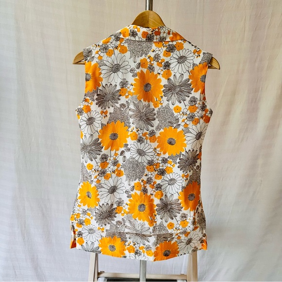 SOLD. Vintage 60s Homemade Sleeveless Button-Up Blouse Collar Gold Floral Medium - Picture 7 of 9
